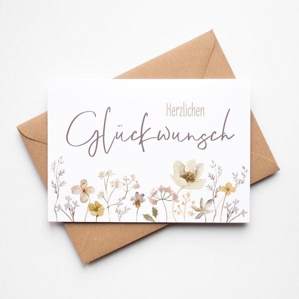 Karte Herzlichen Glückwunsch, Grußkarte inkl. Umschlag aus Kraftpapier, Postkarte mit Aquarellblumen