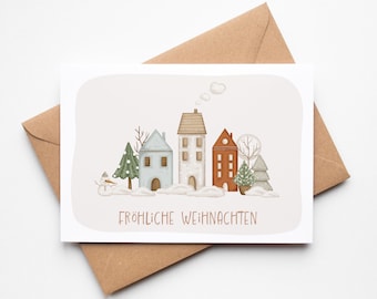 Christmas card Merry Christmas, watercolor houses, greeting card including kraft paper envelope, postcard Christmas village