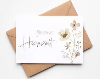 Karte Alles Liebe zur Hochzeit, Grußkarte inkl. Umschlag aus Kraftpapier, Postkarte mit Aquarellblumen