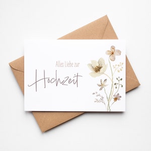 Karte Alles Liebe zur Hochzeit, Grußkarte inkl. Umschlag aus Kraftpapier, Postkarte mit Aquarellblumen Bild 1