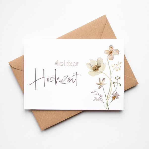 Card Happy Wedding, greeting card including envelope made of kraft paper, postcard with watercolor flowers