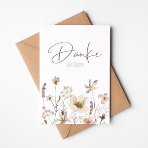 Karte Danke von Herzen, Grußkarte inkl. Umschlag aus Kraftpapier, Postkarte mit Aquarellblumen