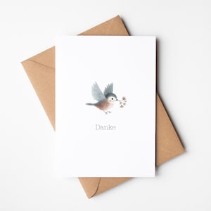 Karte Danke, Dankeskarte mit kleinem Vogel, Grußkarte inkl. Umschlag aus Kraftpapier, Postkarte mit Aquarellvogel