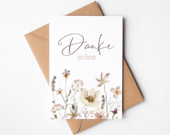 Carte Merci du fond du cœur, carte de vœux avec enveloppe en papier kraft, carte de remerciement, carte postale avec fleurs à l'aquarelle