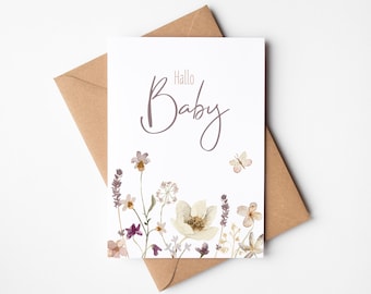Carte Hello Baby, carte de voeux avec enveloppe en papier kraft, carte postale de naissance avec fleurs à l'aquarelle