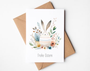 Easter card Happy Easter, watercolor Easter egg with bunny ears, greeting card including envelope made of kraft paper, Easter postcard