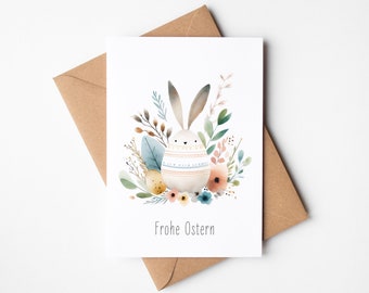 Osterkarte Frohe Ostern, Aquarell Osterei mit Hasenohren, Grußkarte inkl. Umschlag aus Kraftpapier, Postkarte Ostern