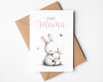 Card "Thank you Mom", greeting card including envelope made of kraft paper, postcard for Mother's Day with mom and baby bunny