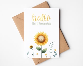 Birth card Hello little sunshine, greeting card including envelope made of kraft paper, postcard with watercolor sunflower