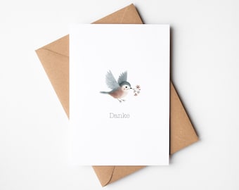 Thank you card, thank you card with little bird, greeting card including kraft paper envelope, postcard with watercolor bird