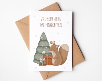 Christmas card "Magical Christmas", squirrel with Christmas tree, greeting card including envelope made of kraft paper, cute postcard