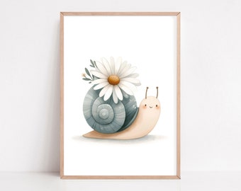 Poster "Schnecke mit Gänseblümchen", Bilder Kinderzimmer, Kinderposter, A4, A3, Geschenk Bild Baby Junge Mädchen Kinder