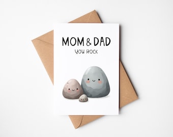 Card "Mom and Dad you rock", greeting card including envelope made of kraft paper, postcard mom dad and baby, word play