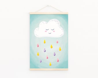 Poster | Children's room | Cloud with colorful raindrops | A4, A3 | Gift picture baby boy girl children children's poster