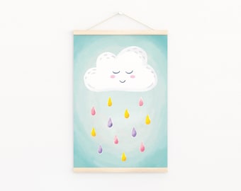 Poster | Kinderzimmer | Wolke mit bunten Regentropfen | A4, A3 | Geschenk Bild Baby Junge Mädchen Kinder Kinderposter