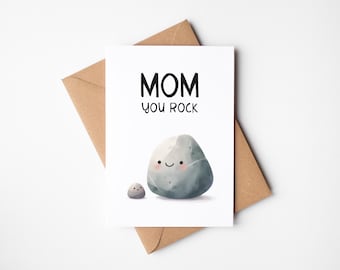 Card "Mom you rock", greeting card including envelope made of kraft paper, postcard for Mother's Day mom and baby, word play