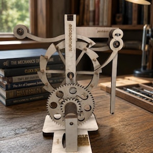May include: A light-colored wooden mechanical model of a Galileo Galilei pendulum clock. The structure features an escapement mechanism, gears, and a pendulum arm. The word escapement is printed vertically, and Galileo Galilei Pendulum Clock is printed on the base.