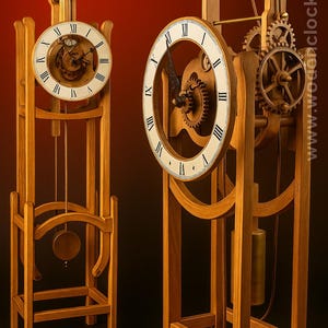 May include: Two wooden grandfather clocks with Roman numeral clock faces and visible gears. The clocks have a light brown finish and are set against a dark red background. The website www.woodenclocks.co.uk is visible in the image.