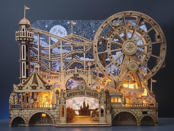 Adventure Valley Motorized Wooden Marble Run, Illuminated Amusement Park Model