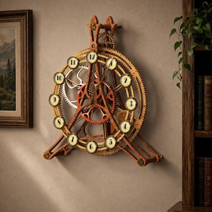 Può includere: Un orologio meccanico da parete con un grande telaio circolare in legno e ingranaggi a vista. Il quadrante mostra i numeri da uno a dodici in indicatori circolari dorati. Un meccanismo centrale a ingranaggi rossi è visibile dietro le lancette.