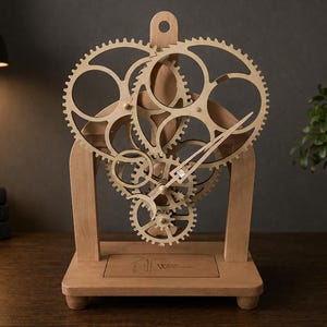 May include: A light brown wooden gear clock featuring an intricate open-work design with multiple interlocking circular gears. The clock is mounted on a rectangular wooden base with a small logo engraved on the front surface and stands upright.