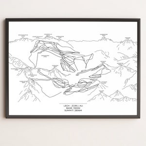 Ski area, ski map, piste map Lech-Zürs, ski map, skiing, ski vacation, map, wall art, DinA3, DinA4, DinA5