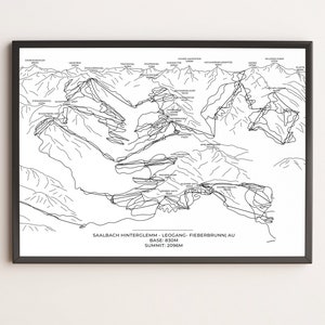 Skigebied, skikaart, pistekaart Saalbach Skicircus, skikaart, skiën, skivakantie, kaart, muurkunst, DINA3, DINA4, DINA5