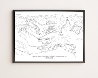 Ski area, ski map, piste map Saalbach Skicircus, ski map, skiing, ski vacation, map, wall art, DINA3, DINA4, DINA5
