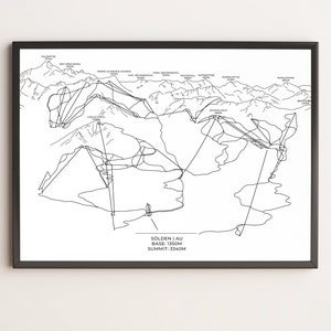 Zona de esquí, mapa de esquí, mapa de pistas Sölden, mapa de esquí, esquí, vacaciones de esquí, mapa, arte de pared, DINA3, DINA4, DINA5