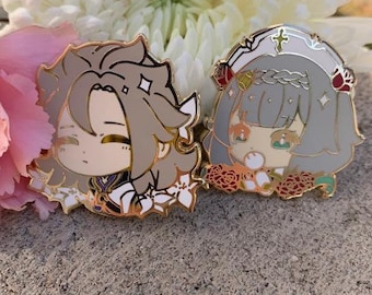 Geo Genshin Impact Mondstadt Chibi Hard Enamel Pin (Noelle and Albedo) ItsAche