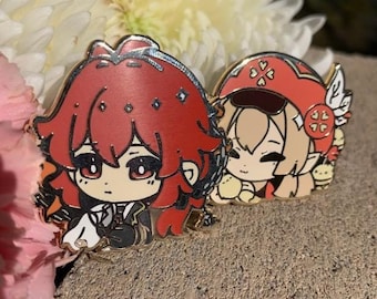 Klee and Diluc Pyro Genshin Impact Mondstadt Chibi Hard Enamel Pin ItsAche