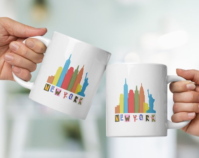 New York City Skyline White Glossy Mug - Colorful NYC Skyline Design - 11oz, 15oz, 20oz - Ceramic Coffee Cup