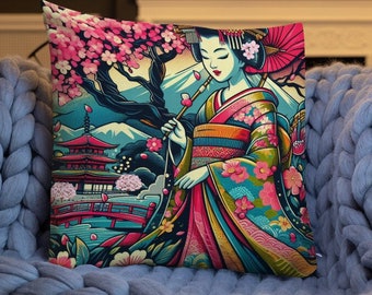 Beautiful Japanese Geisha, Temple and Cherry Blossom Tree Cushion - Japanese Inspired Pillow - Japan Kyoto Geisha Home Decor Premium Pillow