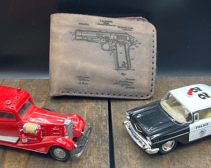 Bi-fold Leather handmade wallet with laser engraved 1911 graphic. Perfect Christmas Gift.