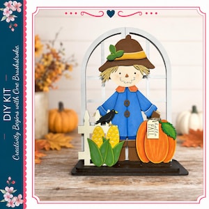 DIY Interchangeable Arched Window Fall Scarecrow Shelf Sitter Insert – Seasonal & Holiday Designs