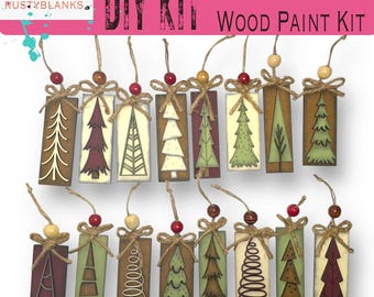 Farmhouse Christmas Tree Ornaments, Kids Craft Kit, DIY Wood Blanks, Set of Two Ornaments