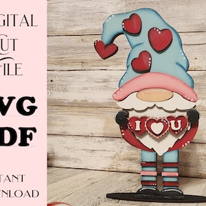 I Love U Valentine&#39;s Standing Gnome SVG, Glowforge  laser cut file, Gnome Shelf Sitter,  Valentine&#39;s Day Gnome SVG, Gnome Shelf Sitter