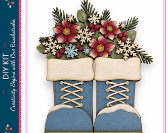 Kit de manualidades de madera DIY: Adorno de estante con forma de botas de follaje invernal