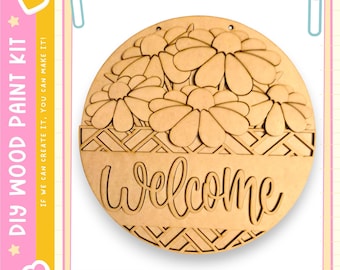 DIY Daisy Welcome Door Hanger | Floral Front Door Decor | 10.5 or 18 Inch Round Sign | Paint Kit | Spring Summer Decor