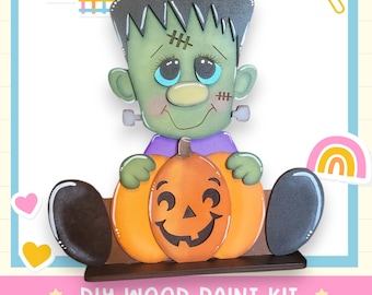 DIY Sitting Frankenstein with Pumpkin | Halloween Wood Craft Kit | Unfinished Paintable Shelf Sitter