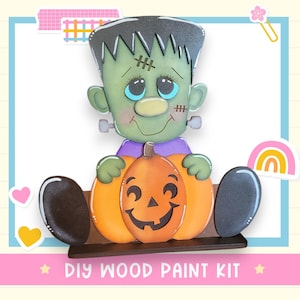 DIY Sitting Frankenstein with Pumpkin | Halloween Wood Craft Kit | Unfinished 11&quot; Paintable Shelf Sitter