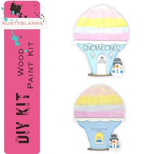 May include: DIY wood paint kit featuring a snow cone stand with a snowman and the words "Snow Cones" and "Frosty Snow Cones".