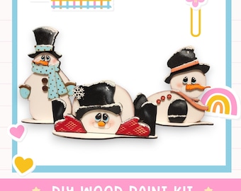 Trio of Snowmen Shelf Sitters, DIY Winter Wood Craft Kit, Rustic Christmas Snowman Decor