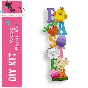 May include: DIY wood paint kit for Easter. The kit includes letters that spell "Easter" with a chick, carrot, egg, lamb, bunny, and egg decorations.