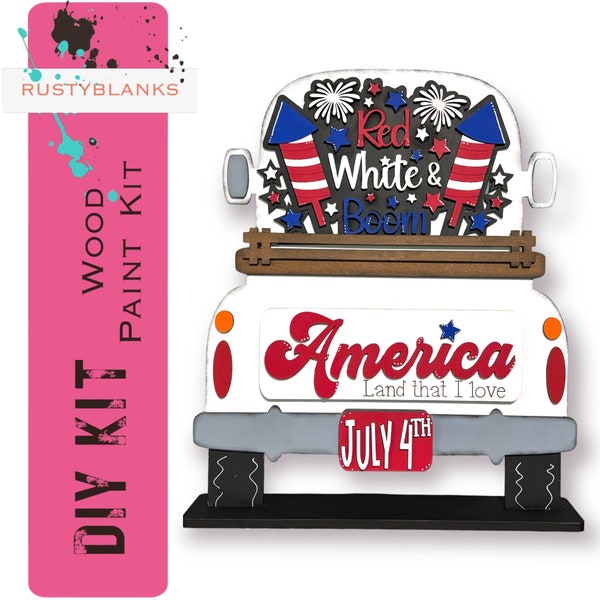 Interchangeable Farmhouse Truck 4th of July Insert,  Seasonal Truck Insert,  Red White and Boom