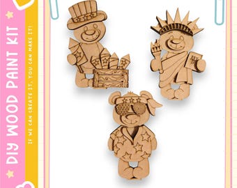 Patriotic Bear DIY Wood Paint Kit – 4th of July Craft – Uncle Sam, Liberty & Fireworks Bears – Kids DIY Kit – Unfinished Wood Cutouts