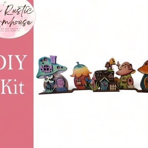 May include: DIY kit for making a mushroom village. The kit includes five mushroom houses, each with a unique design and color scheme. The houses are made of wood and are ready to be painted and assembled.