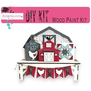 May include: DIY wood paint kit featuring a farmhouse theme. The kit includes a barn, a sign that says "Farm Sweet Farm", a quilt block, and a banner with windmills and chickens.