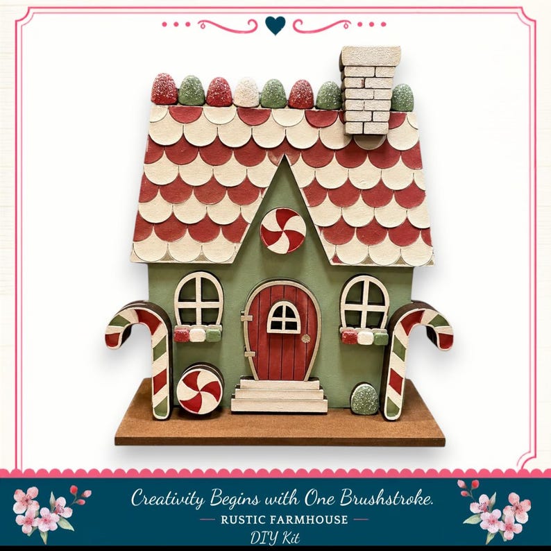 A whimsical, candy-themed house made of candy pieces, including a candy cane and a candy apple, set against a white background.