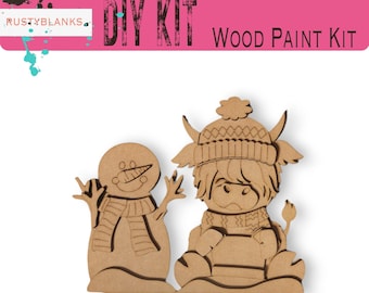 Vaca de las Tierras Altas y muñeco de nieve navideños para colocar en estantes, kit de pintura para madera.